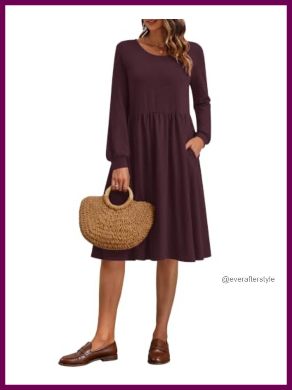 Long Sleeve Knee Length Loose Dress With Pockets